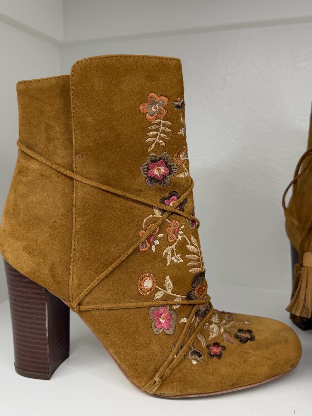 Sam Edelman Mustard Suede Embroidered Lace-Up Ankle Booties - Picture 6 of 7